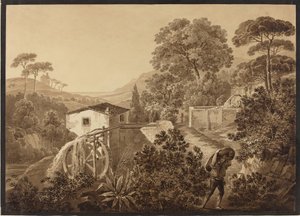 Italiaans landschap met een watermolen door Hélène Boutourlin