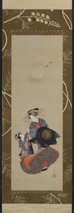 Schoonheid van de Yoshiwara met leerling in maanlicht, 19e eeuw door Hokuba