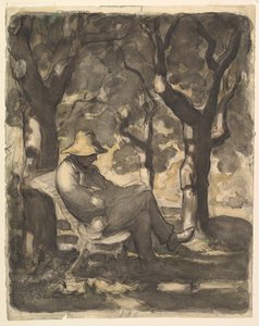 Een man leest in een tuin recto, Voorlopige schets voor een man die in een tuin leest verso, ca. 1865