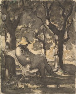 Een man die leest in een tuin, ca. 1865