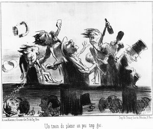 Een leuke trein een beetje te vrolijk: uit "Les trains de Plaisir", serie cartoons over de spoorwegen door Honore Daumier. "Charivari"
