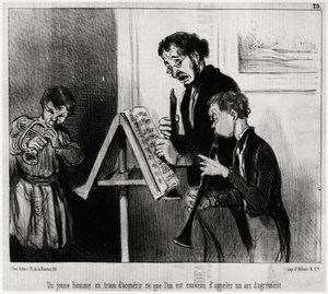 Een jonge man die bekend staat als een kunst van het in kaart brengen. Illustratie van Honore Daumier, gepubliceerd in 