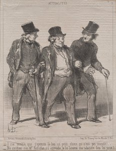 Actualiteiten (Nr. 7): Het lijkt me dat ik daar een hondje zie dat niet gemuilkorfd is!...Maak je geen zorgen, meneer Rohichon; als het nadert, gooi ik mijn snuifdoos in zijn ogen! door Honoré Daumier