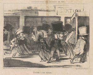 Aankomst bij een station door Honoré Daumier
