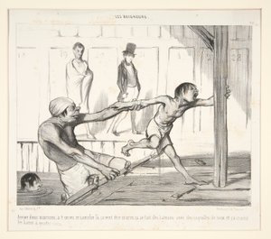 Arrive donc Marsoin; a-t-on vu ce caniche la, sa veut etre marin, ca se fait des batteaux avec des coquilles de noix, et ca craint les bains a quatre sous door Honoré Daumier