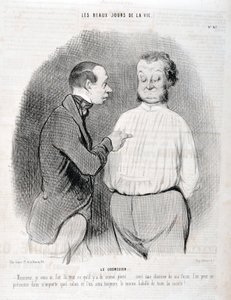 Kunstwerk door Honore Daumier (1808-1879). Charivari dateert uit 1845: Serie LES BEAUX DAYS DE LA VIE. De blouse -Meneer, ik heb je de beste kleding gemaakt... met een shirt op mijn manier kun je je in elke woonkamer presenteren en we zullen altijd het bes door Honoré Daumier