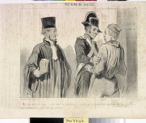 Kunstwerk door Honore Daumier (1808-1879). Charivari uit 1845: Serie LES PEANS DE JUSTICE. 
