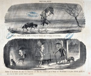 Werk van Honore Daumier (1808-1879) Charivari dateert uit 1853: Serie Sketches de Chasse - Vertrek Vijf uur 