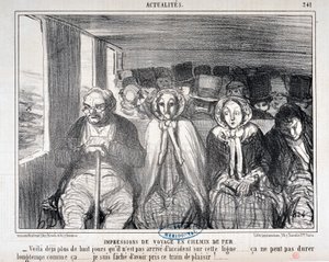 Werk van Honore Daumier (1808-1879) Charivari dateert uit 1855: Serie Actualites de voyage en railroad -Hier is al meer dan acht dagen geen ongeluk gebeurd op deze lijn... het kan niet lang zo blijven... Het spijt me dat ik deze trein heb genomen