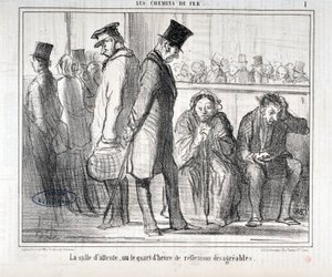 Kunstwerk door Honore Daumier (1808-1879). Charivari dateert uit 1855: Serie LES Spoorwegen De wachtkamer of het kwartier van onaangename reflecties MUSEE DES BEAUX ARTS - PALAIS LONGCHAMP, MARSEILLE