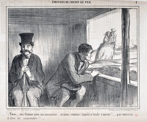 Kunstwerk door Honore Daumier (1808-1879) Charivari dateert uit 1858: Serie EMOTIES OP Spoorweg -Tiens... mijn vrouw met een heer... en we zijn op volle snelheid!... geen manier om ze te verrassen!!... MUSEUM VAN SCHONE KUNSTEN - PALEIS LONGCHAMP, MARSEILL door Honoré Daumier