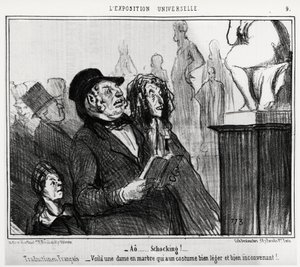 Op de Wereldtentoonstelling: ao... schokkend! (Franse vertaling: hier is een marmeren dame die een zeer licht en ongepast kostuum draagt) (illustratie door Honore Daumier, gepubliceerd in Charivari, gedateerd 1 juni)