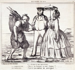 Cartoon over Parijse toeristen op vakantie. Serie "Ax Bains de Mer": "De garnalenvisserij..." Gravure door Honore DAUMIER (1808-1879). Uittreksel uit de krant "Le Charivari" op 5 september door Honoré Daumier