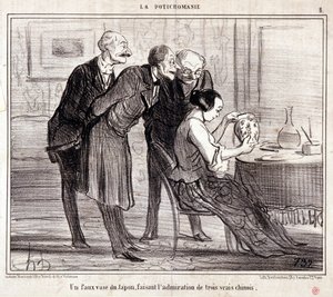 Spotprent over kunstverzamelaars. Serie Potichomania: Een nepvaas uit Japan bewondert drie Chinezen. Gravure door Honore Daumier. Uit de krant Le Charivari door Honoré Daumier