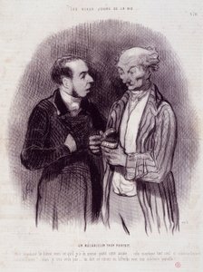 Spotprent over tandartsen. Serie The Beautiful Days of Life: Een te perfecte monteur... Gravure door Honore Daumier. Uit de krant Le Charivari op 22 september
