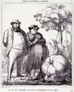 Spotprent over tuinieren. Serie Autumn Sketch: De Koning van de Pompoenen ontvangt eerbetoon van zijn onderdanen. Gravure door Honore Daumier. Uit de krant Le Charivari op 23 september door Honoré Daumier