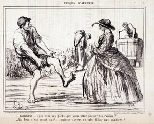Spotprent over druivenplukkers die op blote voeten druiven vertrappen. Serie Autumn Sketch: Hoe... ga je de druiven met je voeten persen? Gravure door Honore Daumier. Uit de krant Le Charivari door Honoré Daumier