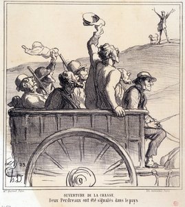 Cartoon over jagers. Serie "Herfstschets: Opening van de jacht, twee patrijzen werden gesignaleerd op het platteland", uit de krant "Le Charivari" door Honoré Daumier