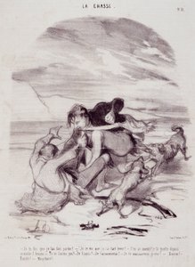Cartoon over jagers. Serie "The Beautiful Days of Life - The Hunting": "Ik zeg je dat ik hem heb laten vertrekken..." Gravure door Honore DAUMIER (1808-1879). Uittreksel uit de krant "Le Charivari" op 10 januari