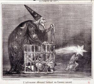 Cartoon over wetenschap. Serie Sur "de Komeet van 1857": "De Duitse Astronoom Verlaat een Beroemde Eend". Gravure door Honore Daumier. Uit de krant "Le Charivari" 2 maart door Honoré Daumier
