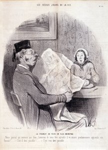 Cartoon over de pers. Serie "The Beautiful Days of Life": "Het steeds monsterlijker formaat..." Gravure door Honore DAUMIER (1808-1879). Uittreksel uit de krant "Le Charivari" op 18 oktober