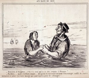 Cartoon over toeristen op vakantie. Serie "aux Bains de Mer": "Monsieur le bathneur... is het waar dat er haaien zijn in Dieppe?..." Gravure door Honore Daumier. Uit de krant "Le Charivari" 8 juni door Honoré Daumier