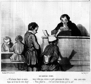 Cartoon door Daumier over maïs en schoolkinderen. "Een vriendendienst": - Tenminste op het juiste moment... je bent niet zoals deze luie kleine Julien... je kent je les op het puntje van je vinger! - Oude jobard gaat... het is op het puntje van de mijne da