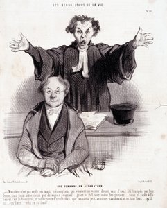 Spotprent over scheidingen: Serie The Beautiful Days of Life: Een verzoek om scheiding... Gravure door Honore Daumier. Uit de krant Le Charivari op 29 januari door Honoré Daumier