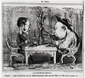 Chinese vorken: "Duivel! maar je moet een zeer bekwame batonist zijn om in deze stad te kunnen dineren." in serie En Chine, illustratie door Honore Daumier (1808-1879), gepubliceerd in "Charivari" door Honoré Daumier