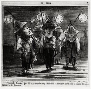 Chinese patrouille, krijgers die de instructies te letterlijk hebben genomen om de mars van de vijand te verlichten. In serie En Chine, illustratie door Honore Daumier, gepubliceerd in 