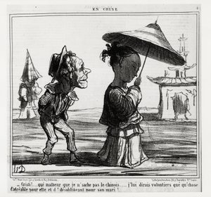 Christi! Ik weet niet hoe ik Chinees moet spreken... Ik zal haar graag iets aangenaams voor haar en onaangenaams voor haar man vertellen!... In serie En Chine, illustratie door Honore Daumier, gepubliceerd in 