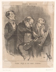 Drie amateur muzikanten voor een concert door Honoré Daumier