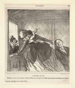 In de trein: Madame heeft aan de bel getrokken door Honoré Daumier