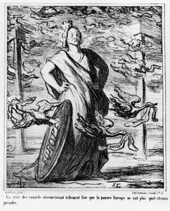 Europa: de wolk van eenden verduistert de lucht zo erg dat arme Europa niet meer weet welke weg ze moet nemen. Illustratie door Honore Daumier, gepubliceerd in het nieuws, 