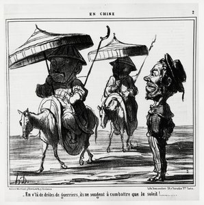 In deze grappige krijgers denken ze alleen aan het vechten tegen de zon. In serie En Chine, illustratie door Honore Daumier, gepubliceerd in 