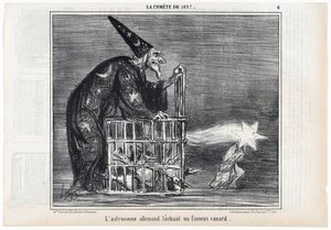 De komeet van 1857, "De Duitse astronoom laat een beroemde eend los", uit Le Charivari, uitgegeven 1858 door Honoré Daumier