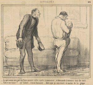 De persoon... vraagt om meteen naar boven te komen... door Honoré Daumier