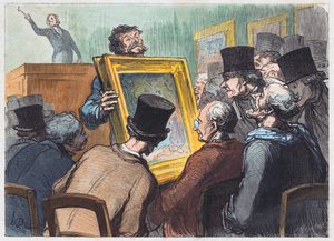 Liefhebbers van schilderkunst bij een veiling in Hotel Bouillon door Honoré Daumier