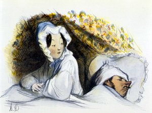 Man en vrouw in bed: "Stoute slaper! Ga..." uit "Geschichte des Erotischen Kunst" door Edouard Fuchs, Berlijn