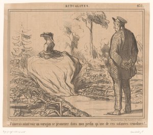 Man ziet vrouw met hoepelrok door zijn tuin wandelen door Honoré Daumier