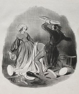 Huwelijksgebruiken: Ah! je denkt dat je vrouw niet genoeg voor je zorgt, schurk... door Honoré Daumier