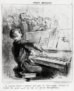 Muzikale schetsen: een heer die graag wil bewijzen dat hij tegelijkertijd kan zingen en piano spelen, wat zeer schandelijk is. Illustratie door Honore Daumier (1808-1879), gepubliceerd in "Charivari", datum 17 februari 1852. door Honoré Daumier