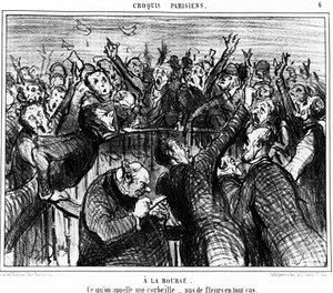 Op de beurs, wat een mand wordt genoemd, in ieder geval geen bloemen: serie karikaturen over de beurs van Honore Daumier. 