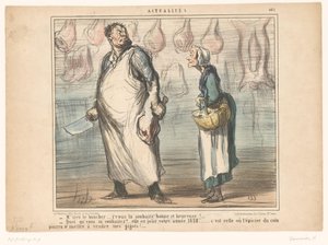 Oude vrouw spreekt een slager aan door Honoré Daumier