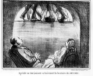 Aangenaam uitzicht exclusief genoten door de huurders van de kelders, uit "Huurders en Eigenaren", cartoonserie door Honore Daumier (1808-1879). "Charivari"