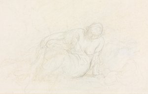 Liggende vrouw leunend op haar arm, verso, 1855-1860 door Honoré Daumier