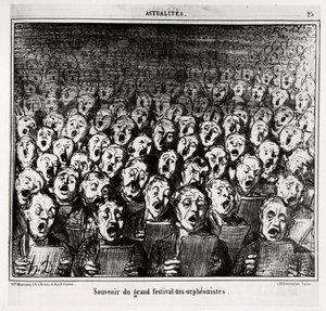 Herinnering aan het grote festival van orpheonisten. Illustratie door Honore Daumier (1808-1879), gepubliceerd in het nieuws, "Charivari", gedateerd 28 maart 1859.