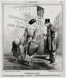 Huurklassen: ik zoek een goed pensioen voor deze kleine Turkse jongen!... Hij was niet fit genoeg of hij was het eerder. Enkele dagen nadat de Franse en Engelse troepen Turkije binnenkwamen (18 oktober 1860). Illustratie door Honore Daumier (1808-1879), ge