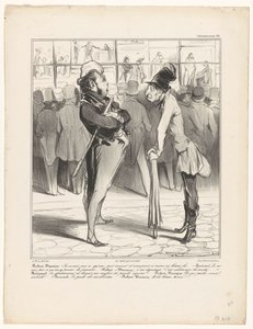 Robert-Macaire in gesprek met Bertrand voor de etalage van een prenthandel (Caricaturana)