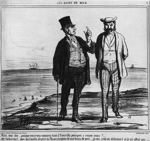 Zee baden: Parijzenaars op een strand van Trouville van het gewicht van tradities en familiegewoonten - door Honore Daumier, in 